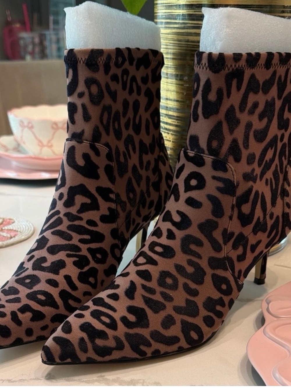 Charles David Leopard Print Pointed Ankle Booties in Brown and Black